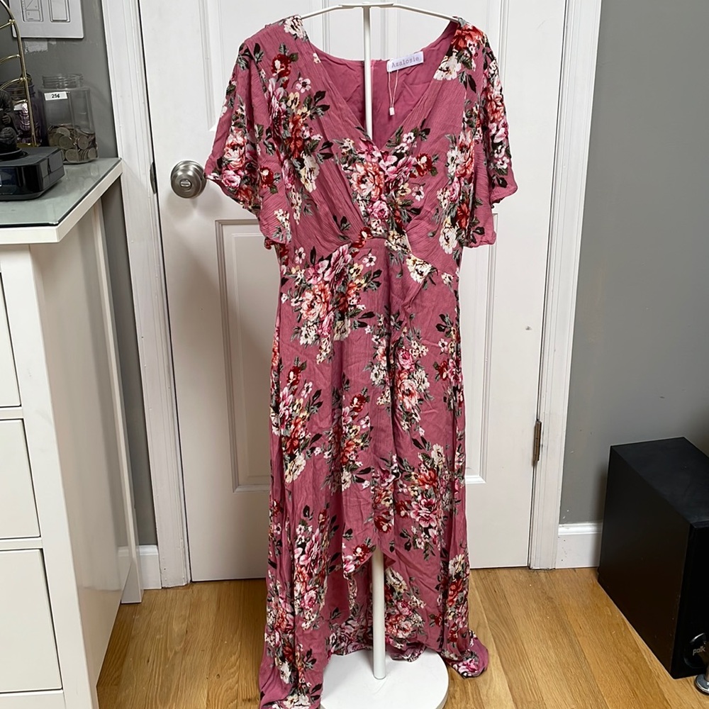 Pink floral flowy short sleeve zip maxi dress
